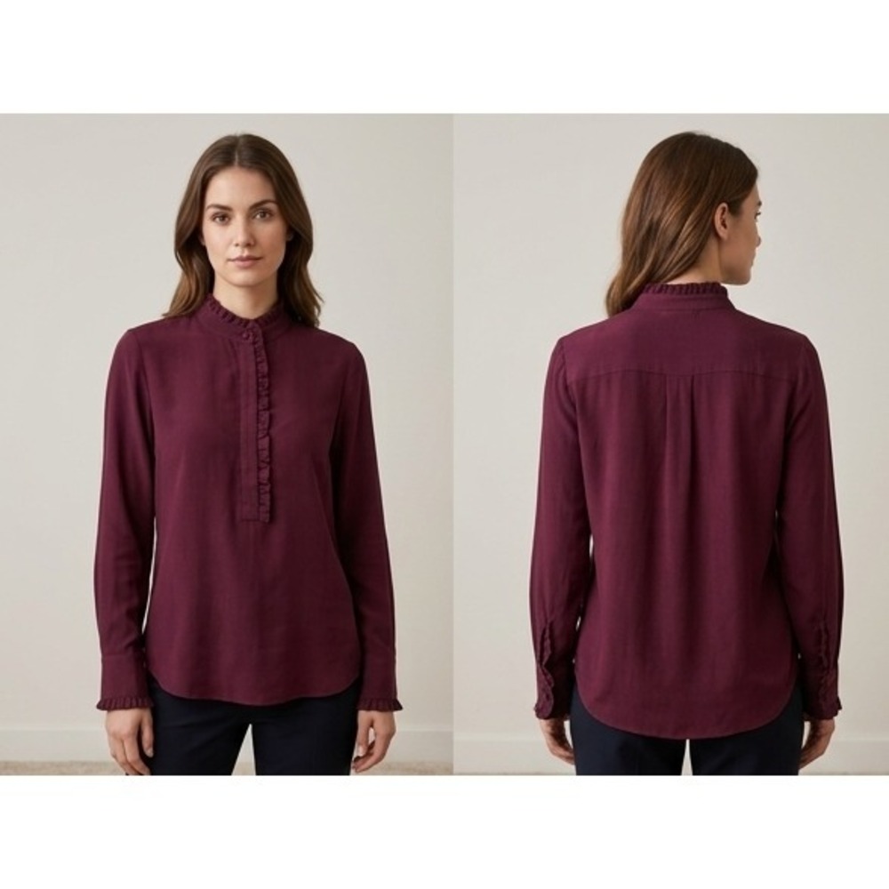 Theory Eilliv Silk Blouse Top Womens 6 Deep Mulberry Georgette Ruffle Trim